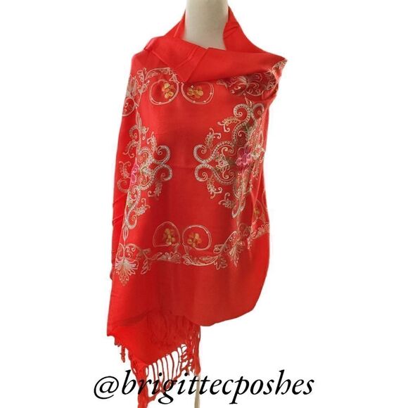 HANDMADE Embroidered Sequined Designed Red Shawl - Picture 1 of 13